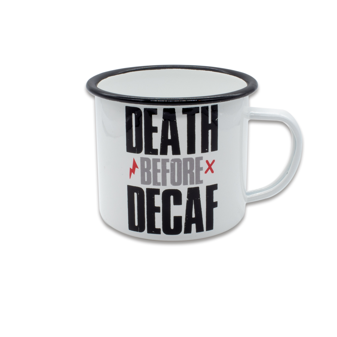 Tasse Emaille "DEATH BEFORE DECAF"  480ml